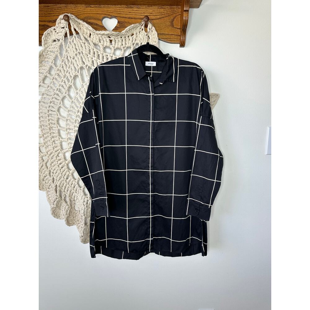Akris Punto Black And White Windowpane Button Up Tunic Top Size 8